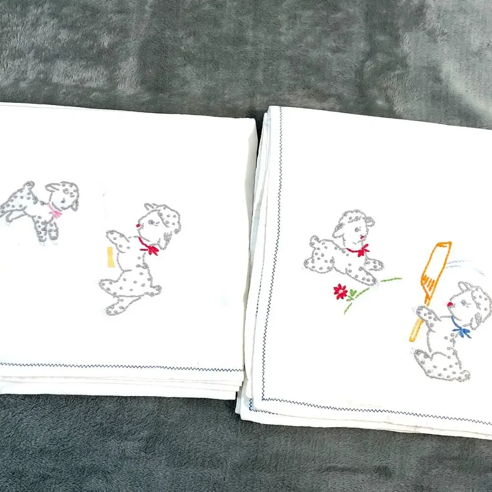 Vintage 1950s Pair Handmade Embroidered Lamb Kitchen Towels Set Kitchy Country